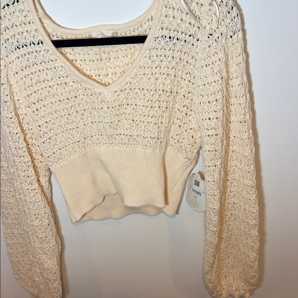 Altar'd State Cream Crochet Knit Cropped V-neck Balloon Sleeve Sweater-M - Picture 7 of 8